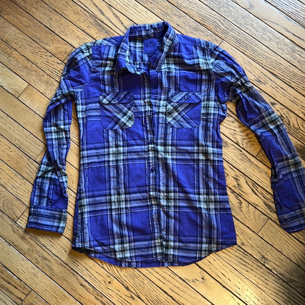 Lightweight Purple & Grey Plaid Button Up Shirt M Like New
